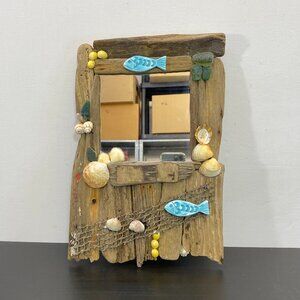 Wall Hanging Driftwood Nautical Mirror, Fish and Shells, Handmade Driftwood Mirr